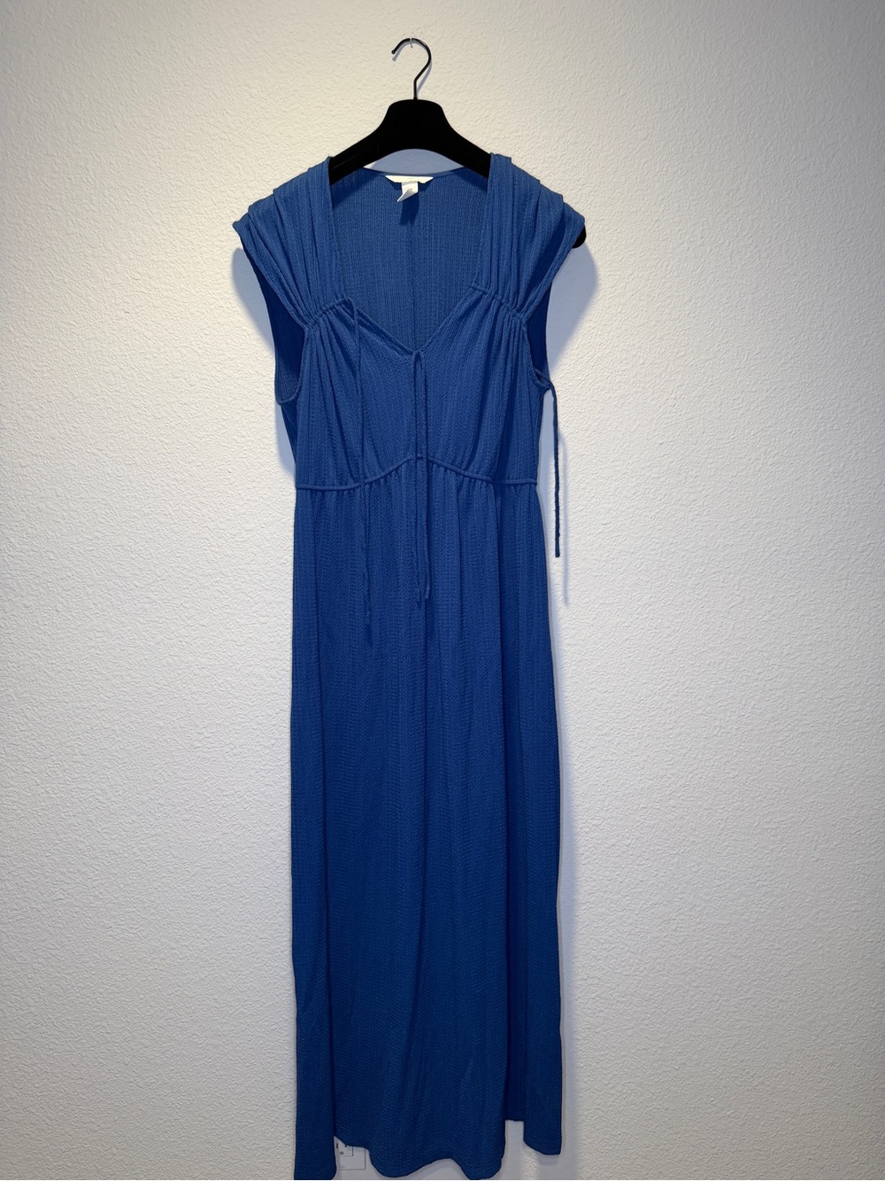 Blue V-Neck Maxi Dress with Cap Sleeves
